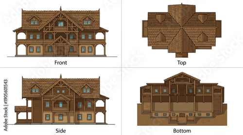 Illustration of a large brown wooden house with multiple views