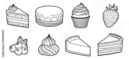 Hand drawn line art desserts set featuring cake slices, a cupcake, whole cake, berries and whipped cream for baking and menu design