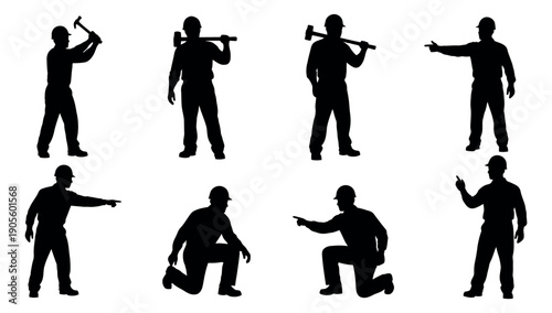 Silhouette construction worker set featuring men holding tools and pointing for industrial and building applications