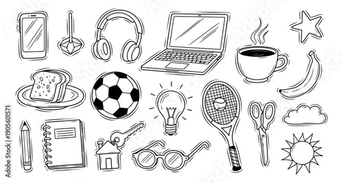 Hand drawn line art everyday objects set featuring devices, food, education, and hobbies for infographic design