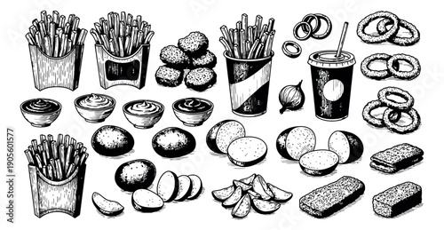 Hand drawn fast food elements set featuring french fries, chicken nuggets, onion rings, sauces, potatoes, and drinks for restaurant menu