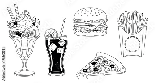 Hand drawn line art fast food and dessert items set featuring an ice cream sundae, burger, french fries, pizza, and soda drink for restaurant menu design