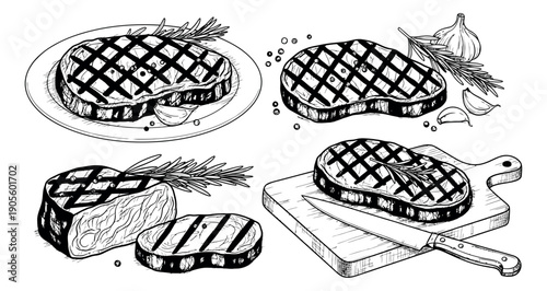 Hand drawn line art grilled steak set featuring various cuts of meat with rosemary and garlic for barbecue and culinary design