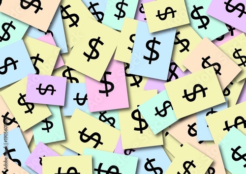 Scattered colorful cards with dollar symbols representing money