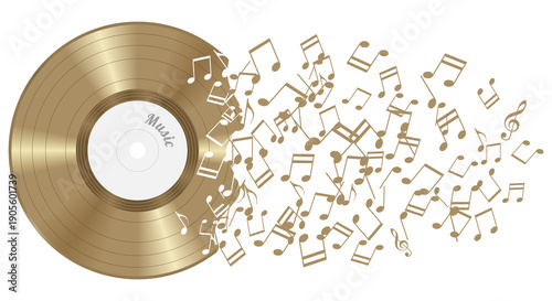 Abstract gold vinyl record with notes, transparent background
