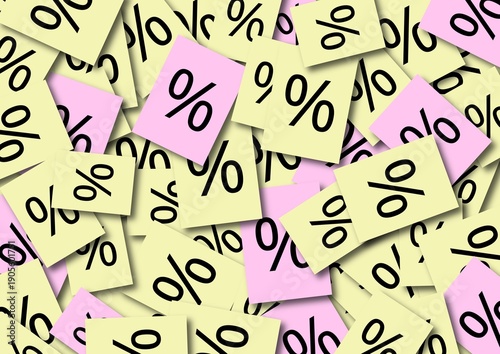 Scattered pastel cards with percent symbols representing discounts