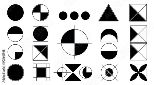 Abstract geometric elements set featuring black and white divided shapes and basic forms for modern design