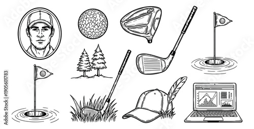 Hand drawn line art golf set featuring a golfer portrait, ball, clubs, flag, hole, and a laptop for sports and business concepts