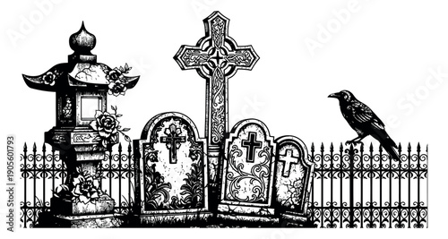 Hand drawn line art cemetery set featuring gravestones, a Celtic cross, an ornate lantern, a fence, and a crow for Halloween designs
