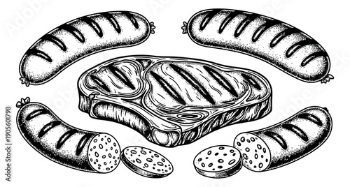 Hand drawn line art meat and sausage set featuring a grilled steak and various sausages for a barbecue menu