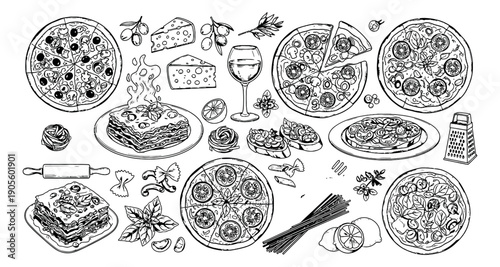 Hand drawn line art Italian food set featuring pizzas, lasagna, pasta, cheese, and wine for restaurant menu design
