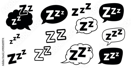 Monochromatic Zzz sleep symbol set featuring various icons and speech bubbles for rest and comic design