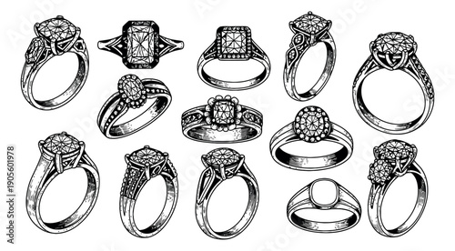Hand drawn line art jewelry ring set featuring various diamond designs for luxury and wedding concepts