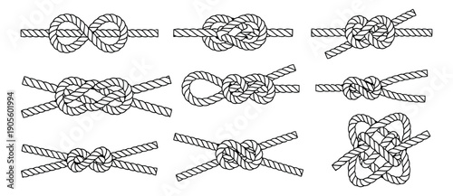 Line art rope knots set featuring various nautical and camping ties for adventure and security concepts