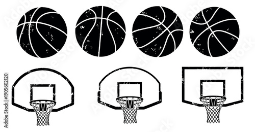 Distressed line art basketball elements set featuring different basketballs and hoops for sports graphic design