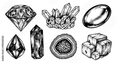 Hand drawn line art crystal set featuring various gemstones and minerals for esoteric design