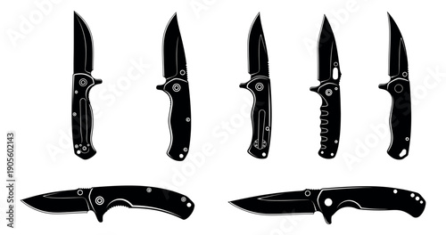 Black silhouette folding knife set featuring tactical designs for survival and outdoor activities