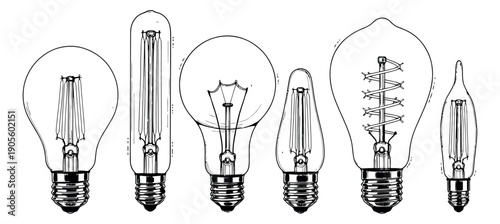 Hand drawn line art light bulb set featuring different vintage and modern designs for electricity and innovation concepts