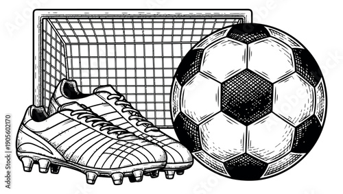 Hand drawn line art soccer equipment set featuring a football, cleats, and a goal for sports
