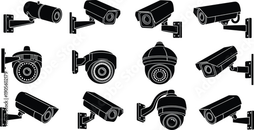 Black and white vector silhouettes of various security camera models, CCTV surveillance equipment icons, home safety and business monitoring systems,