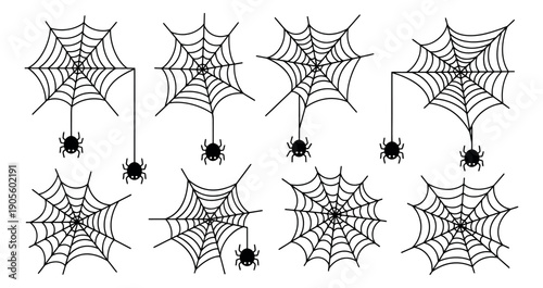 Cute hand drawn line art Halloween elements set featuring various spider webs and hanging spiders for spooky season designs