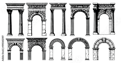 Hand drawn line art architectural elements set featuring classical arches and columns for historical design and decoration