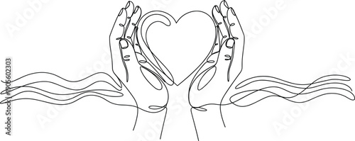 Continuous line hands holding heart illustration, minimalist love, care and protection concept with flowing abstract lines isolated on white background