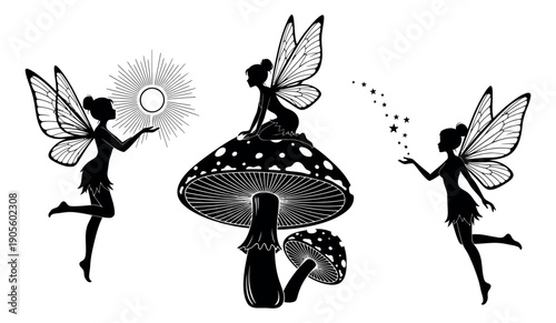 Mystical silhouette set featuring fairies, mushrooms, sun, and stars for fantasy designs