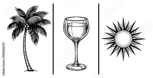 Hand drawn summer elements set featuring a palm tree, wine glass, and sun for vacation designs