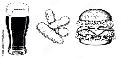 Hand drawn line art fast food set featuring a pint of beer, fried snacks, and a classic burger for restaurant and pub menus