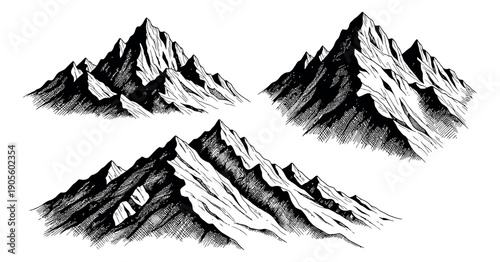 Hand drawn line art mountain set featuring rugged peaks for nature and adventure concepts