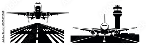 Graphic airport set featuring airplanes on a runway and an air traffic control tower for aviation and travel themes