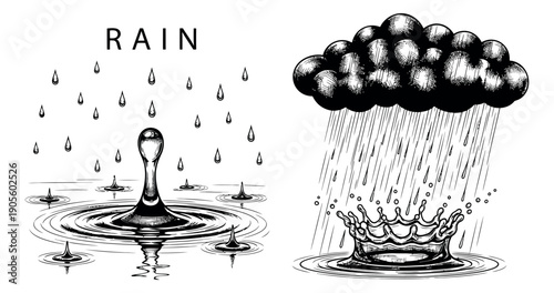Hand drawn line art rain elements set featuring a rain cloud, water drops, and splashes for weather concepts