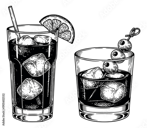 Hand drawn line art cocktails set featuring a tall drink with lemon and a short drink with olives for a bar menu