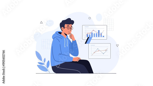 Man Thinking About Financial Data and Graphs