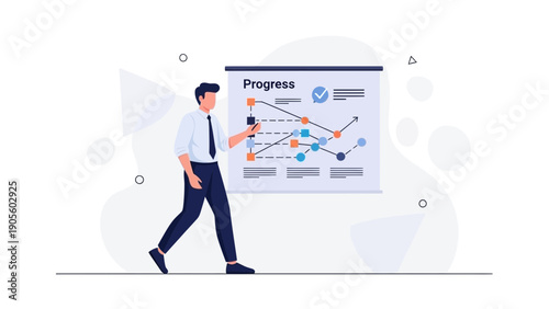 Businessman presenting progress chart with upward trend and checkmark