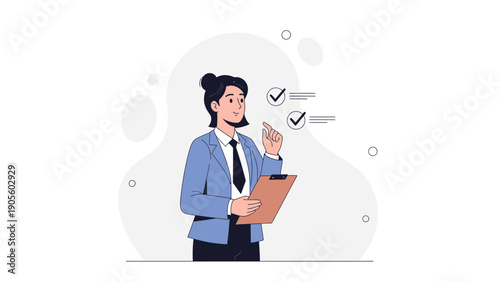 Businesswoman checking tasks on clipboard, checklist with checkmarks, planning, organization