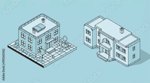 Isometric buildings with white roofs and light blue walls on blue background