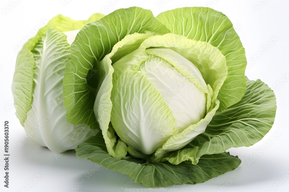 Fototapeta premium Two Fresh Green Cabbage Heads Isolated on White