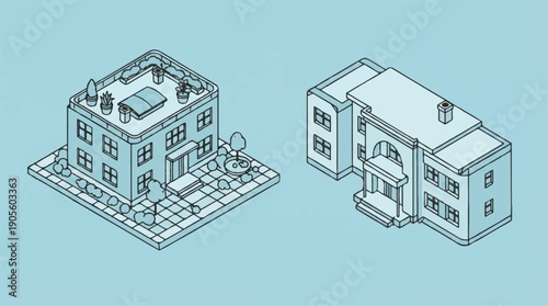 Isometric houses with modern architecture and garden  residential buildings