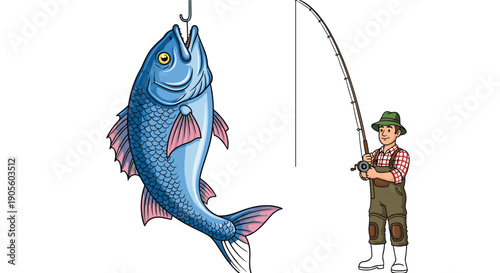 Cartoon fisherman in waders holding fishing rod next to large hooked blue fish with scales and pink fins, white background