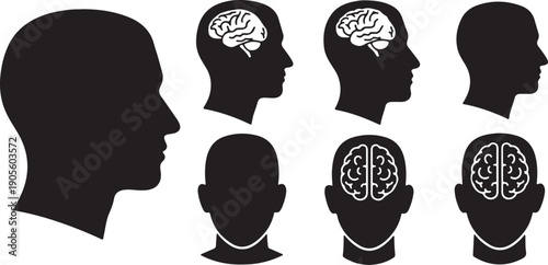 Human head silhouette with brain icon profile views conceptual medical and psychology symbolism