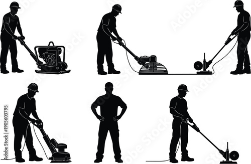 Construction worker silhouettes operating floor grinders and power trowels, industrial concrete finishing equipment set, builders using heavy machinery, isolated vector.