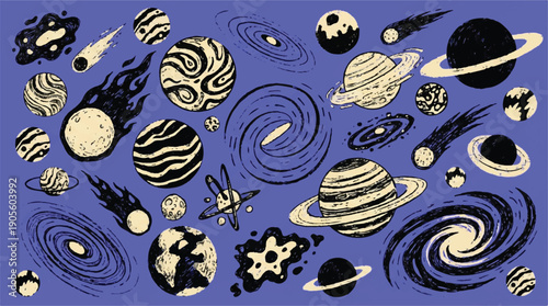 Planets moons and other celestial bodies in space with rings and swirls