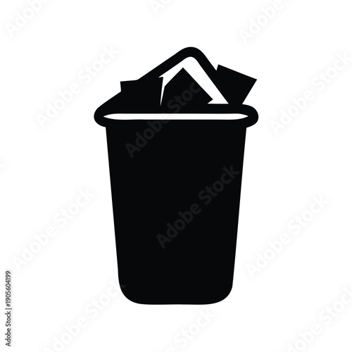 Black silhouette of a trash can filled with crumpled paper waste