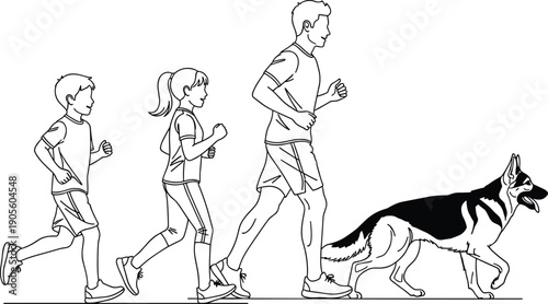Line art illustration of a father, daughter, and son jogging together with their German Shepherd dog, family fitness, white background