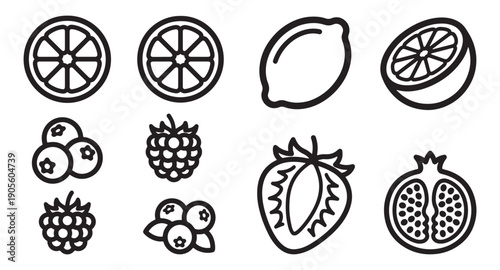 A set of various fruit icons in a simple line drawing style on a white background, including citrus and berry illustrations.