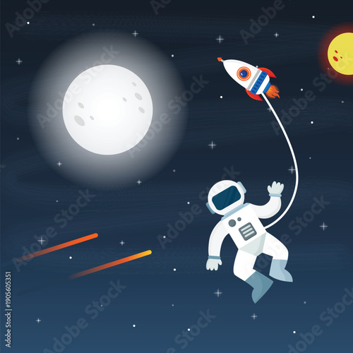 Astronaut Spacewalk and Rocket Journey – Professional Flat Vector Illustration of Lunar Exploration