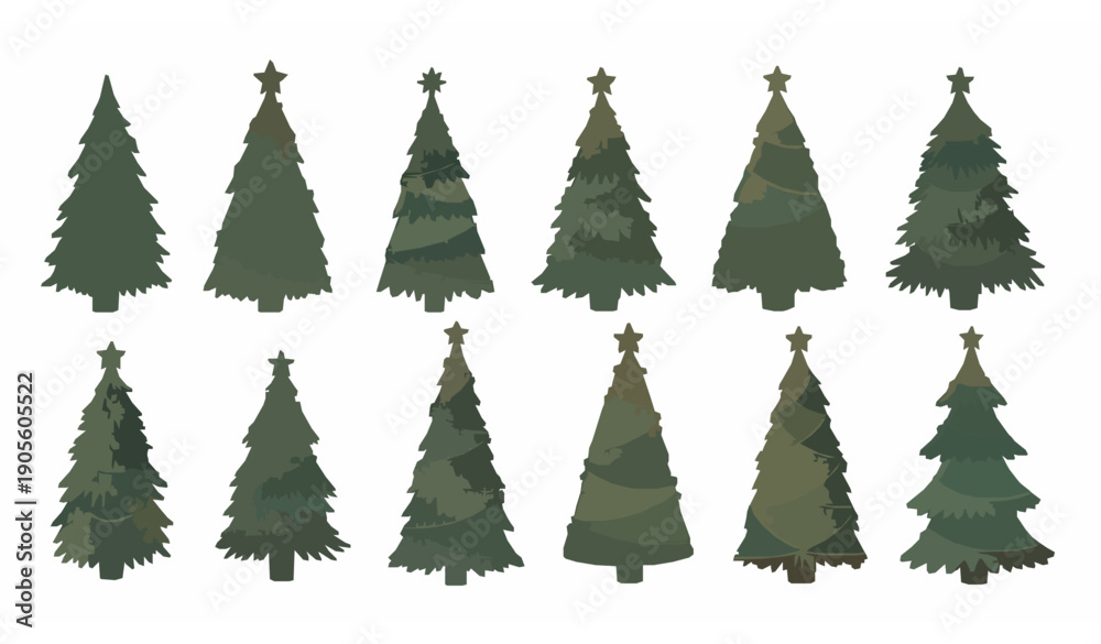 Fototapeta premium Hand Drawn Christmas Tree Set With Ornaments Stars And Garlands Vector