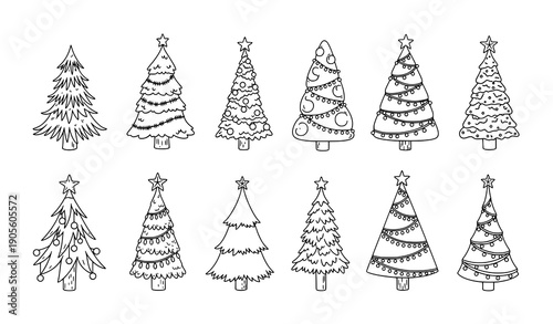 Ten Decorated Christmas Trees Doodle Collection Holiday Ornament Vector